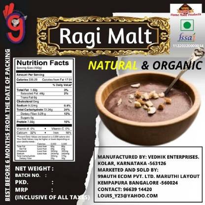 99Auth 130g Organic Premium Quality Pure Zero Mixing Ragi Flour Finger Millet MALT Energy Drink