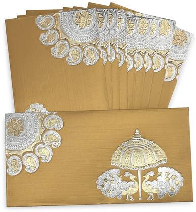 LIFAFEWALA Fancy 2 Peacocks Umbrella Design Shagun Envelopes (Golden) Envelopes