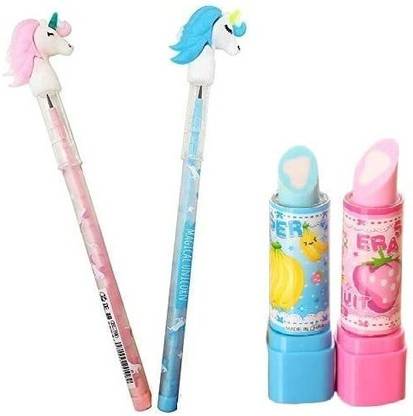 PRIVIKA Combo of 2 Unicorn Pencil and 2 Lipstick Shape Eraser| Beautiful Attractive. Non-Toxic Eraser