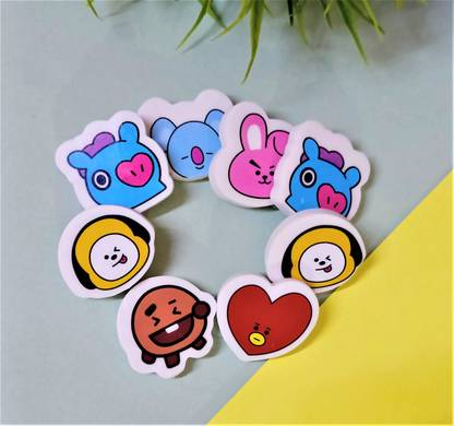 Johnnie Boy Cute BT21 BTS Army character Print Eraser for kids (Pack of 8) Non-Toxic Eraser