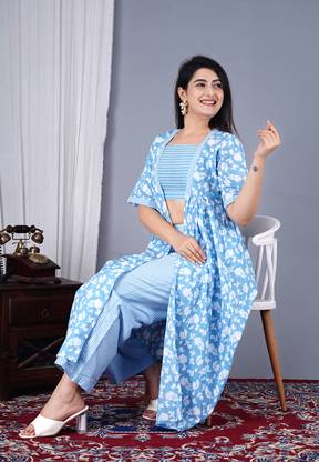 MANOJAVA Women Crop Top Palazzo Ethnic Jacket Set
