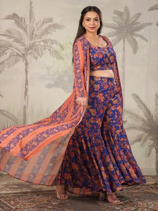 Janasya Women Crop Top Sharara Ethnic Jacket Set
