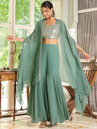 Janasya Women Crop Top Sharara Cape Set