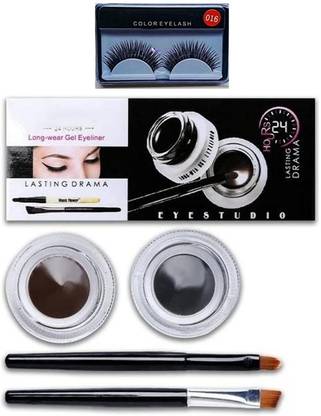 FOZZBY Professional Waterprof Gel Eyeliner(Black and Brown)Long Wear1 Pair Of Eyelashes 18 g