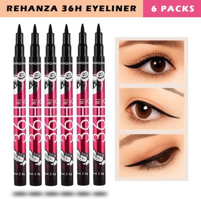Rehanza 36H Eyeliner Precision Tip Black Eyeliner Pack of 6 (15g) 15 g