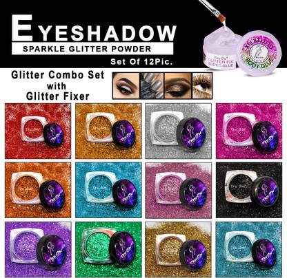 TRUOM Glitter powder combo set with glitter Fixer(Set of 12) 0.6 g