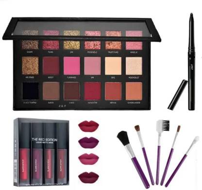 bluset Rose Gold Eyeshadow, 4 in 1 matte lipstick, 5 Pc Makeup Brush, Black Kajal 18 g