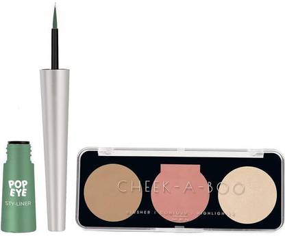 muphin trading company Combo of 3In1 Blush Highlighter Palette(Cheek-A-Boo)(Shade-1)And Green Eyeliner 0.7 g