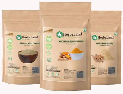 HerbsLand 100% Pure Organic Wild Kasturi Turmeric, Multani Mitti Powder, Sandalwood Powder
