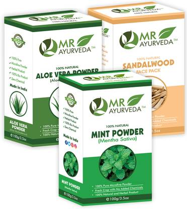 MR Ayurveda 100% Natural Mint Powder, Aloe Vera Powder & Sandalwood Face Pack Powder - Set of 3