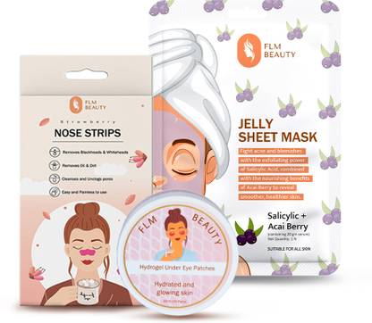 FLM Beauty Hydrogel Under Eye Patches,Nose Strips , Salicylic & Acai Berry Jelly Sheet Mask