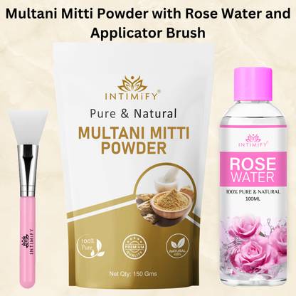 INTIMIFY Multani Mitti Powder 150gm+Rose Water 100ml, With Applicator Brush Combo