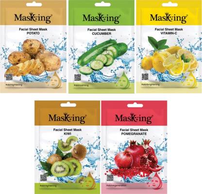 MasKing Beauty Facial Sheet Mask for Skin Calming, Brightening, Regenerating, Glowing & Lightening for Women & Men Combo Pack of 5
