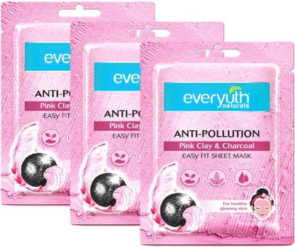 Everyuth Naturals Anti Pollution Pink Clay & Charcoal Sheet Mask (Pack of 3 * 25ml)