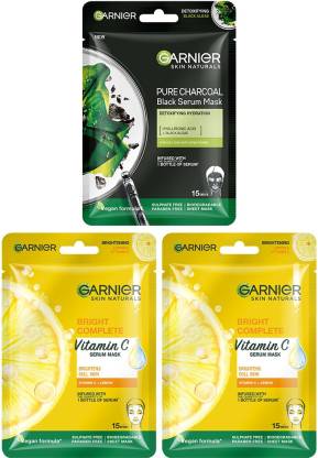 GARNIER Skin Naturals Sheet Mask Pack of 3 (2 Light Complete + 1 Charcoal)