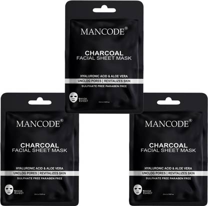 MANCODE Charcoal Facial Sheet Mask for Men & Women Korean Sheet Mask Pack of 3