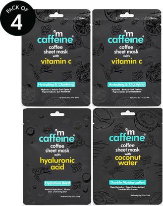 mCaffeine Vitamin C, Hyaluronic Acid, Coconut Water Face Sheet Masks with Coffee Pack of 4