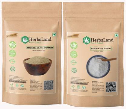HerbsLand 100% Bio Organic Natural Chinni Mitti (Kaolin Clay) Powder and Multani Mitti (bentonite clay) For Face Pack (100gm Each)