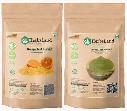HerbsLand 100% Bio Organic Orange Peel Powder and Neem Leaves Powder For Face Pack (100gm Each)