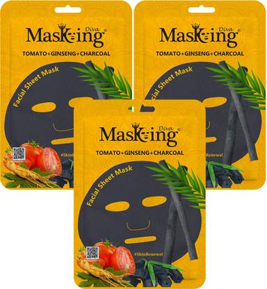 MasKing Diva Tomato, Ginseng & Charcoal Facial Sheet Mask Pack Of 3