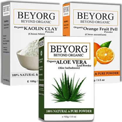 BEYORG Bio Organic Kaolin Clay, Natural Orange & 100% Natural Alovera Powder Set Of 3