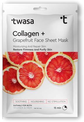 Twasa Collagen & Grapefruit Face Sheet Mask For Bright & Plump Skin For Men and Women