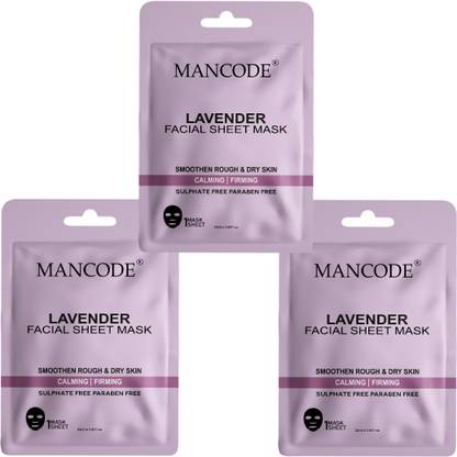 MANCODE Lavender Facial Sheet Mask for Men & Women Korean Sheet Mask Pack of 3