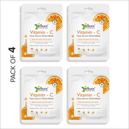 Bio Reach VITAMIN C FACE SERUM SHEET MASK | BRIGHTENS SKIN | FIGHTS AGING | PACK OF 4