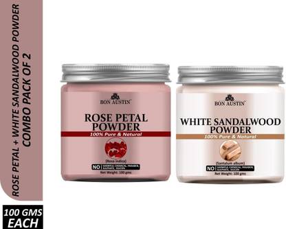 बॉन ऑस्टिन 100% Pure & Natural Rose petal Powder & White Sandalwood Powder Combo Pack of 2 Jars of 100 gms(200 gms)