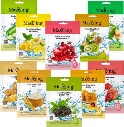 MasKing Beauty Facial sheet Mask for Skin Lightening, Glowing, Nourishing and Brightening for women and men Combo Pack of 10