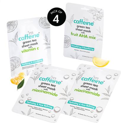 mCaffeine Vitamin C, Niacinamide, Fruit AHA Face Sheet Masks with Green Tea | Women & Men
