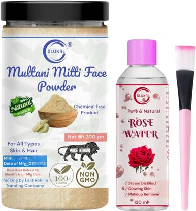 slukrl Combo Face Pack Gulab Jal-Rose Water-Multani Mitti Powder Single Stick Brush