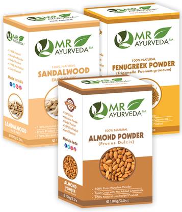 MR Ayurveda Almond Powder, Sandalwood Face Pack Powder & Fenugreek Powder - Set of 3