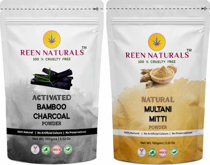 REEN NATURALS Activated Bamboo Charcoal And Multani Mitti Powder For Face Pack Combo of 2