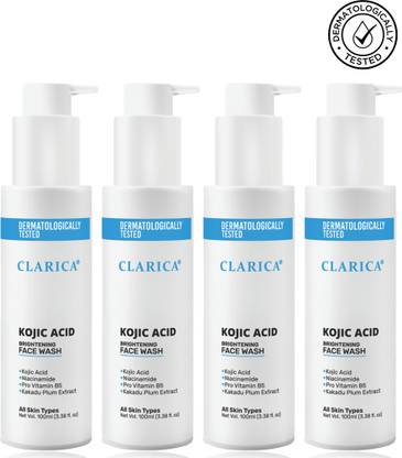 CLARICA KOJIC ACID Brightening  (Pack of 4) | 100 ml (400 ml)Pack for 4 | With Niacinamide and Lactic Acid| Reduces Dark Spots, Pigmentation and Tan| Brightening  for Men and Women Face Wash