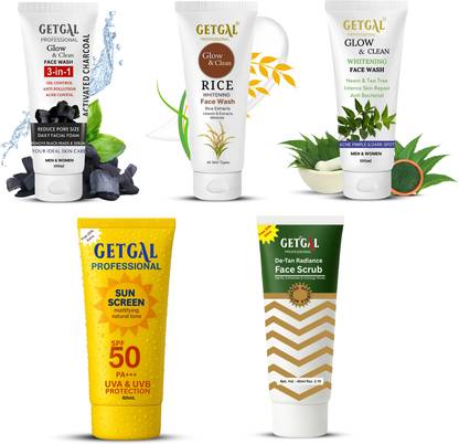 getgal Sunscreen SPF 50 + De-Tan, Rice, Charcoal & Neem  Combo Pack | Pack of 5 | Complete Skincare Set Face Wash