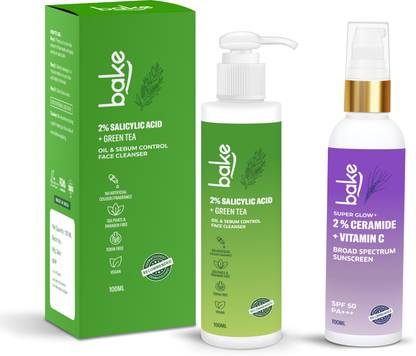 Bake Cosmetics 2% Salicylic Acid & 2% Ceramide with Vitamin C Sunscreen Combo for man and Woman Face Wash