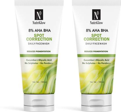 NutriGlow 8% AHA BHA Spot Correction Daily , Gentle Exfoliating Formula with Cucumber, Glycolic Acid Pack of 2 Face Wash