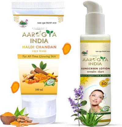 Aarogya India Natural haldi Chandan Facewash + SPF50 Sunscreen body Lotion for all skin man and Woman Skin brightening Combo Face Wash
