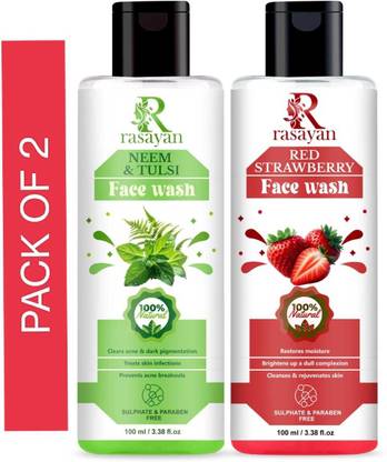 Rasayan Neem &Tulsi & Red Strawberry Non-Foaming  for Acne Prone Skin, Removes Excess Oil, Cleanse Pores and Fades Pigmentation Paraben and Sulphate Free Face Wash