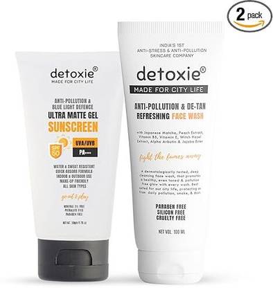 detoxie Anti-Pollution & UV Protection Combo –  100ml + SPF 50 Ultra Matte Sunscreen Gel 50g Face Wash
