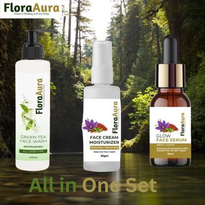 FloraAura Green Tea Facewash, Face Cream Moisturizer and Glow Face Serum Skin Care Set Face Wash