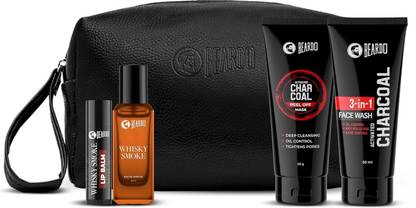 BEARDO Activated Charcoal  50ml, Peel Off Mask 50g, Whisky Smoke Lip Perfume EDP 20ml & Travel Pouch Face Wash