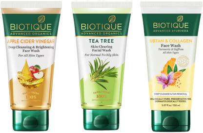 BIOTIQUE 150ml - Apple Cider Vinegar & Tea Tree Skin Clearing & Ubtan & Collagen (Pack of 3) Face Wash