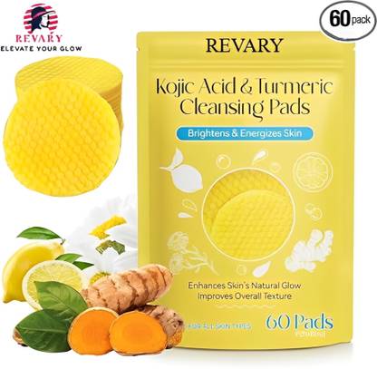revary Kojic Acid and Turmeric Cleansing Pads for Face, Kojic Acid and Turmeric Cleansing Pads for Face-RV (60-PADS) Face Wash