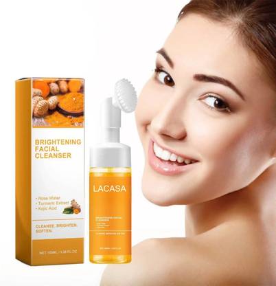 LACASA BEAUTY CARE Turmeric Kojic Acid Face Cleanser with Brush for All Skin, Hydrating Deep Cleansing Face Wash