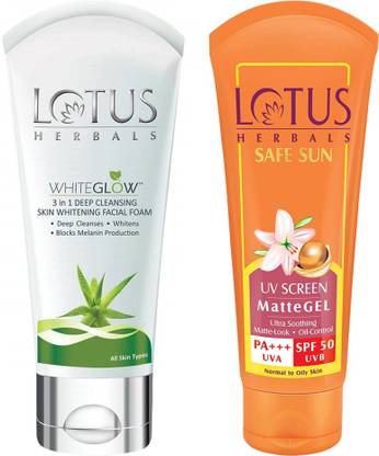 LOTUS WhiteGlow 3-In-1 Deep Cleansing Skin Whitening Facial Foam & Safe Sun Invisible Matte Gel Sunscreen SPF 50 PA+++ , For Men & Women, Non-Greasy, Suitable for Oily Skin Face Wash
