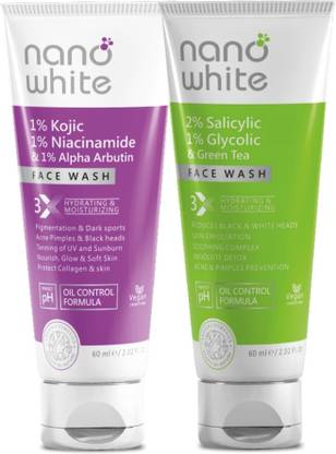 anaaya Nano White  with 1% Kojic,1% Niacinamide & Alpha Arbutin, and Nano White  with 2% Salicylic,1% Glycolic & Green Tea. Perfect for daily use, targeting fine lines, wrinkles, acne, and blackheads Face Wash