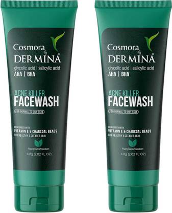 COSMORA DERMINA ACNE KILLER FACEWASH FOR ACNE,PIMPLES,SPOTS REMOVES & BRIGHT SKIN PACK OF - 60g x 2 Face Wash