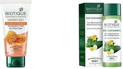 BIOTIQUE Cucumber Pore Tightening Toner 120ml & Honey Gel Foaming Face Wash 150ml